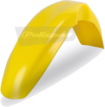 Load image into Gallery viewer, Yellow Polisport Plastics front fender for motorcycles, showcasing its curved shape and mounting points in a detailed close-up image.
