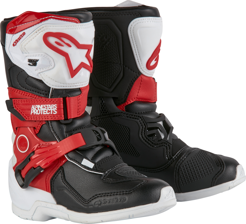 Kids Alpine Star Tech 3s motorcycle boots in white, black, and bright red with size 11, featuring sturdy design and protective features.