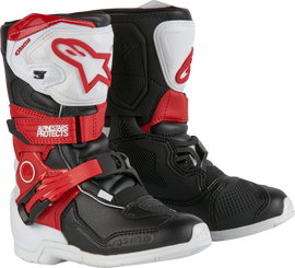 Kids Alpine Star Tech 3s motocross boots in white, black, and red, size 1, with sturdy design and protective features.