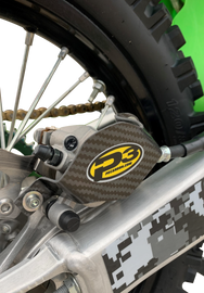 P3 street rear caliper guard for motorcycle, black metal protective cover with mounting hardware visible in the image.