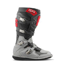Gaerne GX1 motorcycle boots in anthracite, grey, and red with sturdy design and ankle support, size 12.