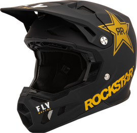 Fly Racing Formula CC Rockstar helmet in matte black and gold, large size with aerodynamic design and adjustable straps.