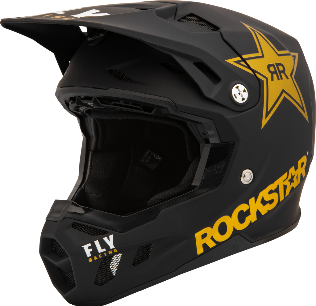Fly Racing Formula CC Rockstar helmet in matte black and gold, XL size, with aerodynamic design and racing branding.