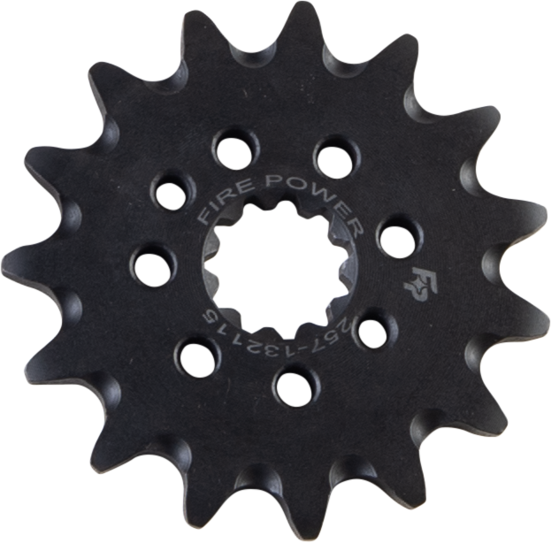 Steel 15-tooth Fire Power front CS sprocket for Honda CRF250 motorcycle, featuring durable construction and precise gear fitment.