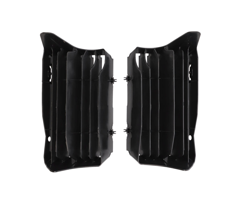 Acerbis Hon Black radiator shrouds for motorcycle body, designed for durability and style, shown on a motorcycle in black finish.