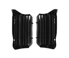 Acerbis Hon Black radiator shrouds for motorcycle body, designed for durability and style, shown on a motorcycle in black finish.