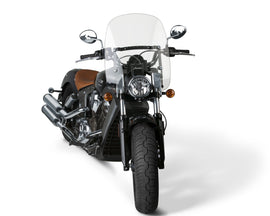 Clear National Cycle Spartan 16.25-inch windshield for Indian motorcycle with quick release, providing protection and style.