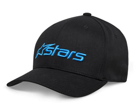 Alpine Star Blaze 2.0 hat in black and blue, size small/medium, showcasing the stylish sports cap with logo details.