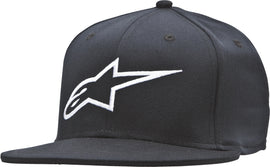 Alpine Star Ageless flat bill hat in black and white, size small/medium, with a curved brim and embroidered logo.
