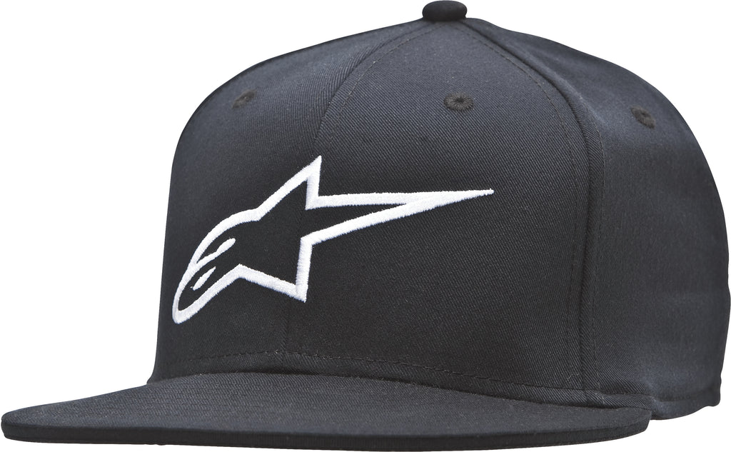 Alpine Star Ageless flat bill hat in black and white with adjustable strap, featuring embroidered logo, size small/medium.