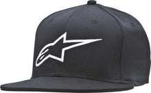 Load image into Gallery viewer, Alpine Star Ageless flat bill hat in black and white with adjustable strap, featuring embroidered logo, size small/medium.