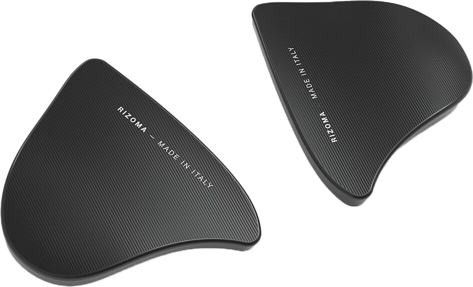 Pair of black RIZOMA mirror block-off plates with Yam design, designed as accessories for motorcycle mirrors.