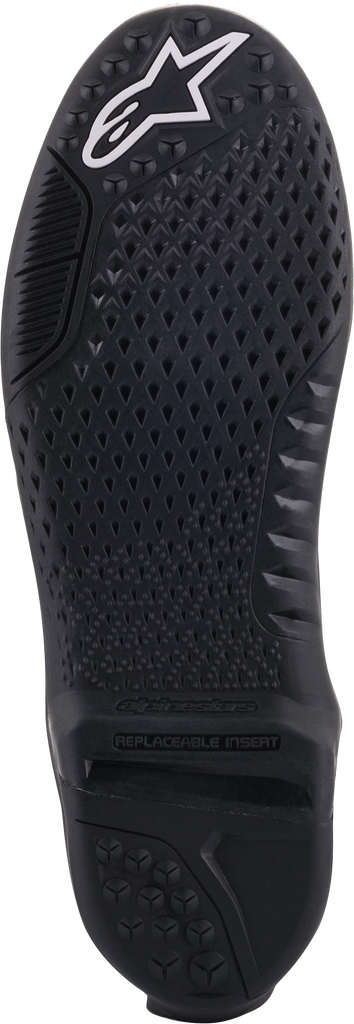 Alpine Star Tech 10 Supervent Sole motorcycle boot in black and white, size 9/10, featuring breathable sole and protective design.