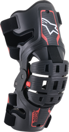 Alpine Star Bionic 5s youth knee brace in black and red, showing adjustable straps and protective padding for knee support.