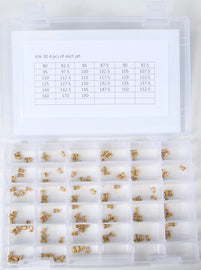 EBC Motorcycle Brakes large round main jet kit with four jets ranging from #72.5 to #152.5 for motorcycle carburetors.