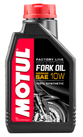 Bottle of Motul Factory Line Fork Oil 10W, 1 liter, a high-quality motorcycle fork oil in a clear container with label.