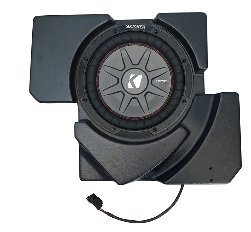 SSV Works Underseat 10-inch subwoofer for X3 models, showcasing the black speaker with mounting hardware and protective grille.