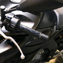 Load image into Gallery viewer, Black Shogun Industries Bar End Sliders attached to motorcycle handlebars, showcasing durable body protection accessories.