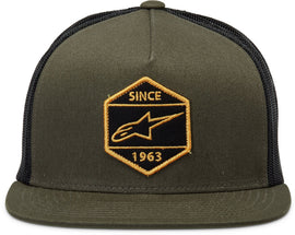 Alpine Star Bolt Trucker hat in military and black colors, featuring a classic trucker style and adjustable snapback closure.