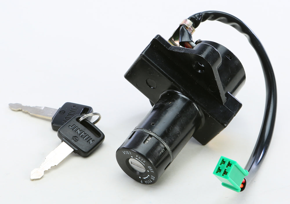 Emgo Suzuki ignition switch with key, black plastic housing, and metal mounting components, designed for motorcycle ignition systems.