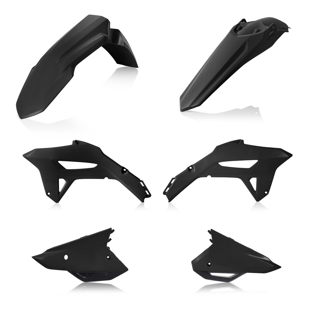 Acerbis plastic body kit in black for motorcycles, includes various panels and components, designed for durable fit and finish.