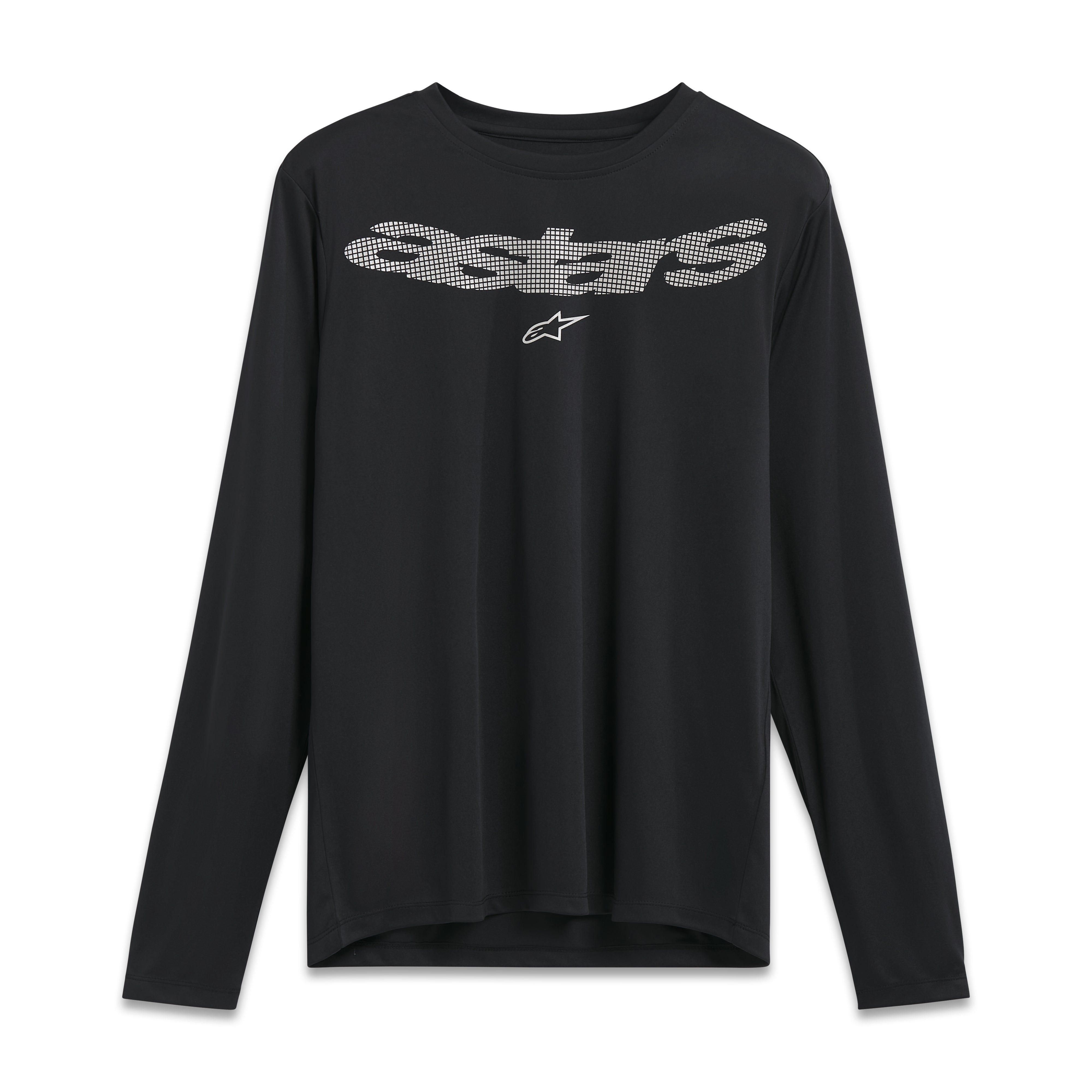 Alpine Star Night Performance LS Tee in black, size small, with logo and graphic design on front, casual athletic style.