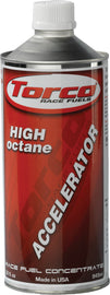 Torco High Octane Accelerator 32oz bottle, chemical additive for boosting engine performance, with label and product details visible.