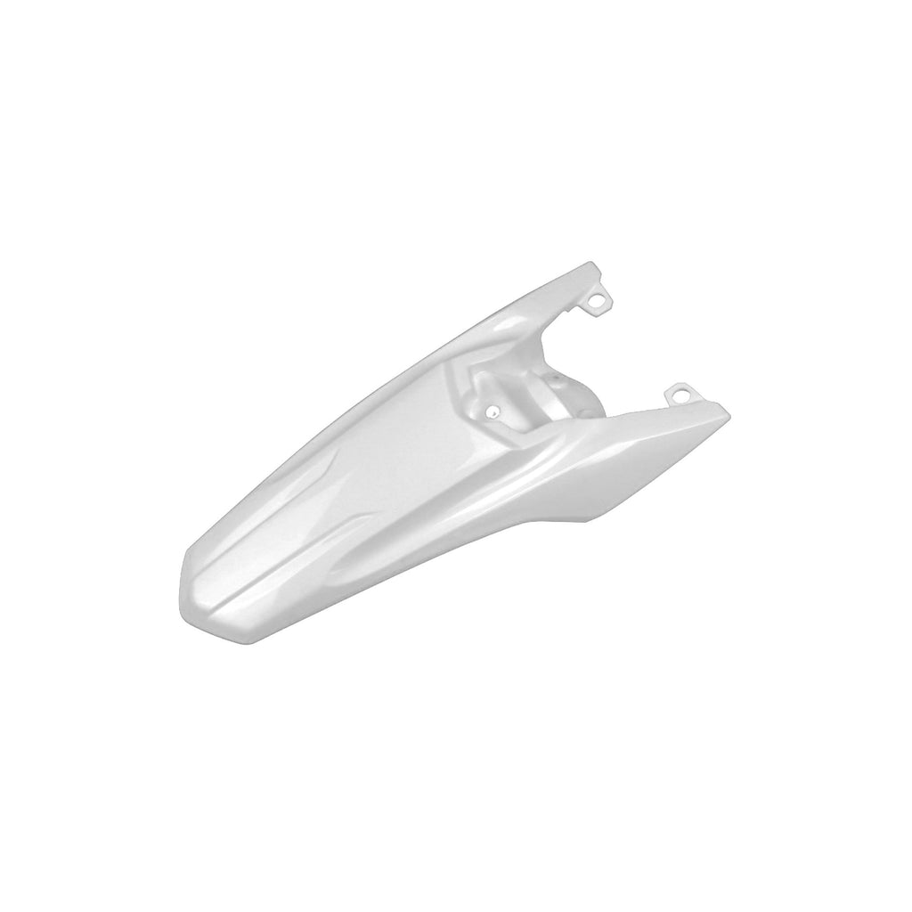 Polisport Plastics white YZ65 rear fender for dirt bikes, showing the durable plastic surface and mounting points in a close-up image.