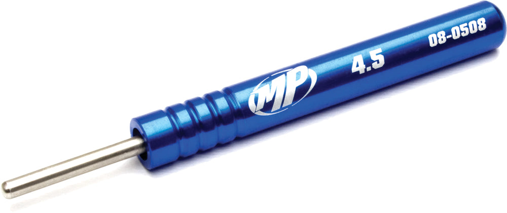 Motion Pro Valve Seal Install Tool 4.5mm for motorcycle engine valve seals, showing the precision metal tool in use.
