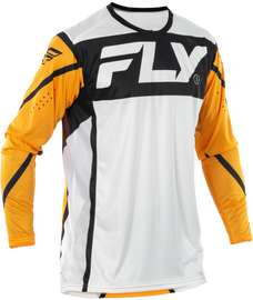 Fly Racing Youth Lite Jersey in white, black, and mustard colors, size YXL, featuring lightweight breathable fabric and race-inspired design.
