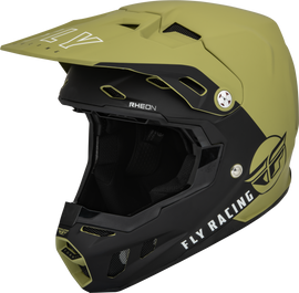 Fly Racing Formula CC Centrum helmet in matte olive green and black, showing the sleek design and ventilation details.