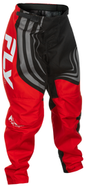 Fly Racing Youth F-16 Pants in black, red, and white with size 20, showcasing durable motocross riding gear for young riders.