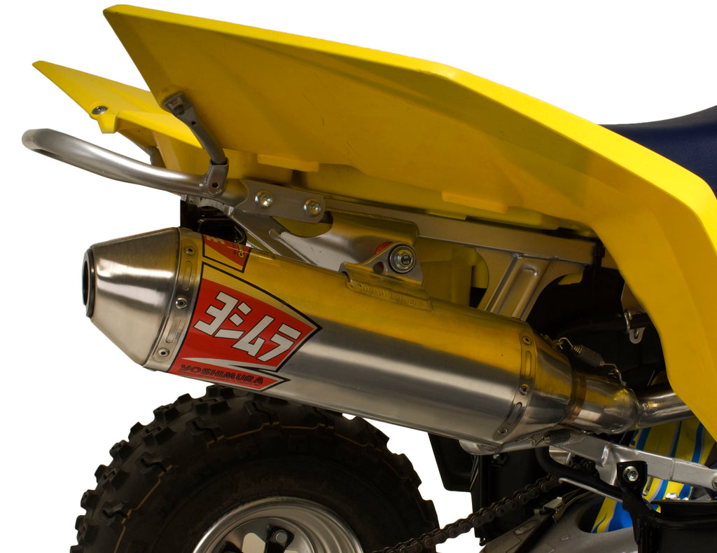 Yoshimura Signature RS-2 slip-on exhaust with stainless steel and aluminum components for motorcycle performance.