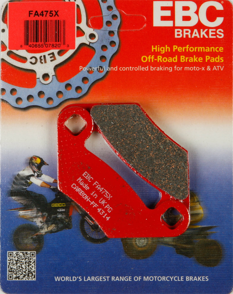 EBC Motorcycle Brakes brake pads 15-475X with metal backing and friction material, designed for motorcycle braking systems.