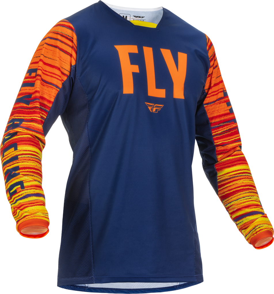 Fly Racing Kinetic Wave Navy and Orange motocross jersey in large size, featuring bold color patterns and lightweight fabric.