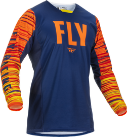 Fly Racing Kinetic Wave Navy and Orange motocross jersey in large size, featuring bold color patterns and lightweight fabric.