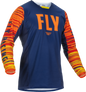 Fly Racing Kinetic Wave Navy and Orange motocross jersey in large size, featuring bold color patterns and lightweight fabric.