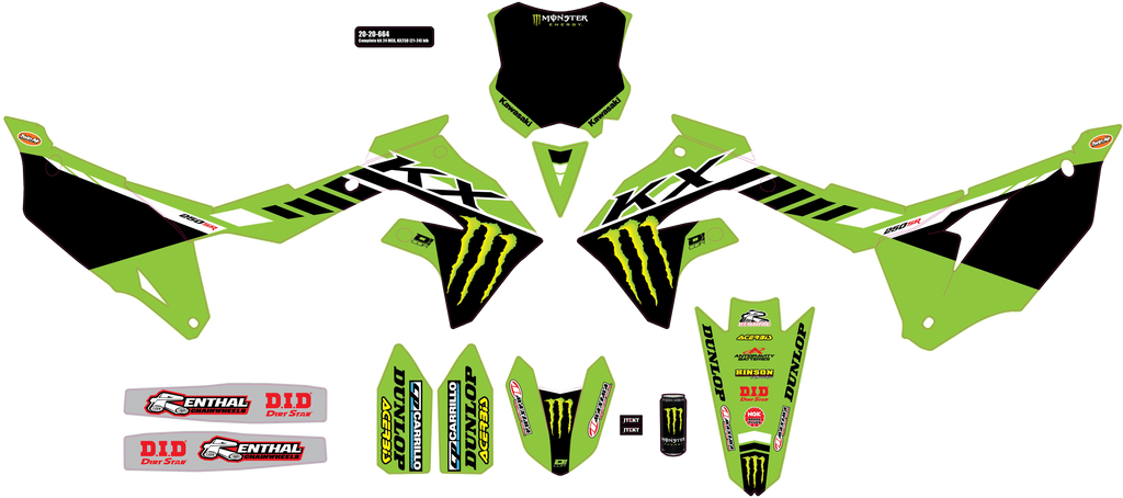 DCOR Kawasaki graphic kit with colorful decals and graphics for motorcycle customization, featuring bold design elements.