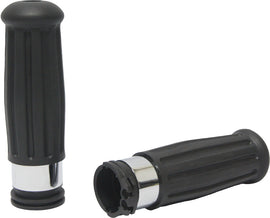 HardDrive Vintage Chrome Ring grips with 96-up cable throttle for motorcycle handlebar control, shown on a bike.