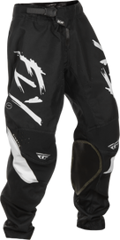 Fly Racing Kinetic Stoke pants in black and white, size 24, featuring durable fabric and a sporty riding design.