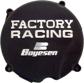 Boyesen Factory Racing Ignition Cover in black for motorcycle, featuring a sleek design and durable construction.