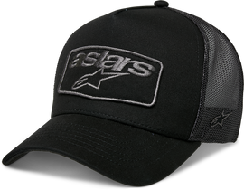 Alpine Star black trucker hat with mesh back and curved brim, casual outdoor headwear in black and black colorway.