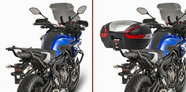GIVI top case hardware mount bracket for secure attachment, shown on a motorcycle with the GIVI logo visible on the bracket
