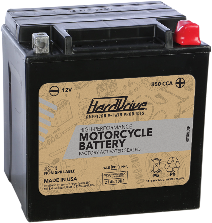 Hardrive YTX24HL high-performance motorcycle battery with 350 CCA, showing the battery's top view with terminals and branding.