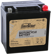 Charger l'image dans la galerie, Hardrive YTX24HL high-performance motorcycle battery with 350 CCA, showing the battery's top view with terminals and branding.