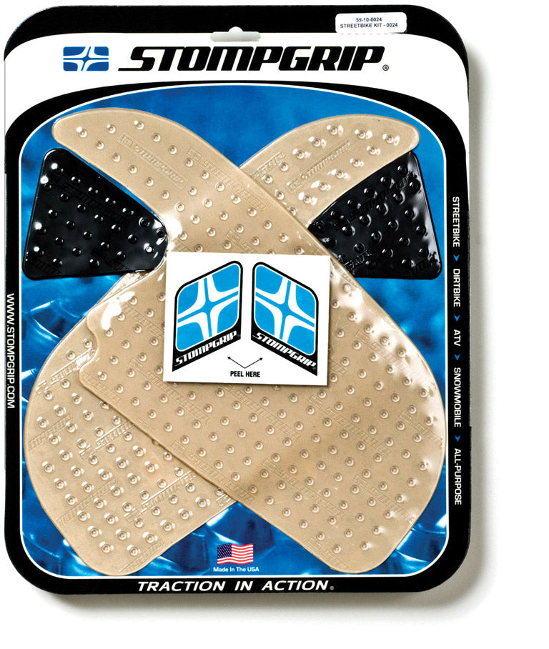 Stompgrip Tank Pad Kit Volcano in clear and black for motorcycle tanks, featuring textured grip surfaces for enhanced control.