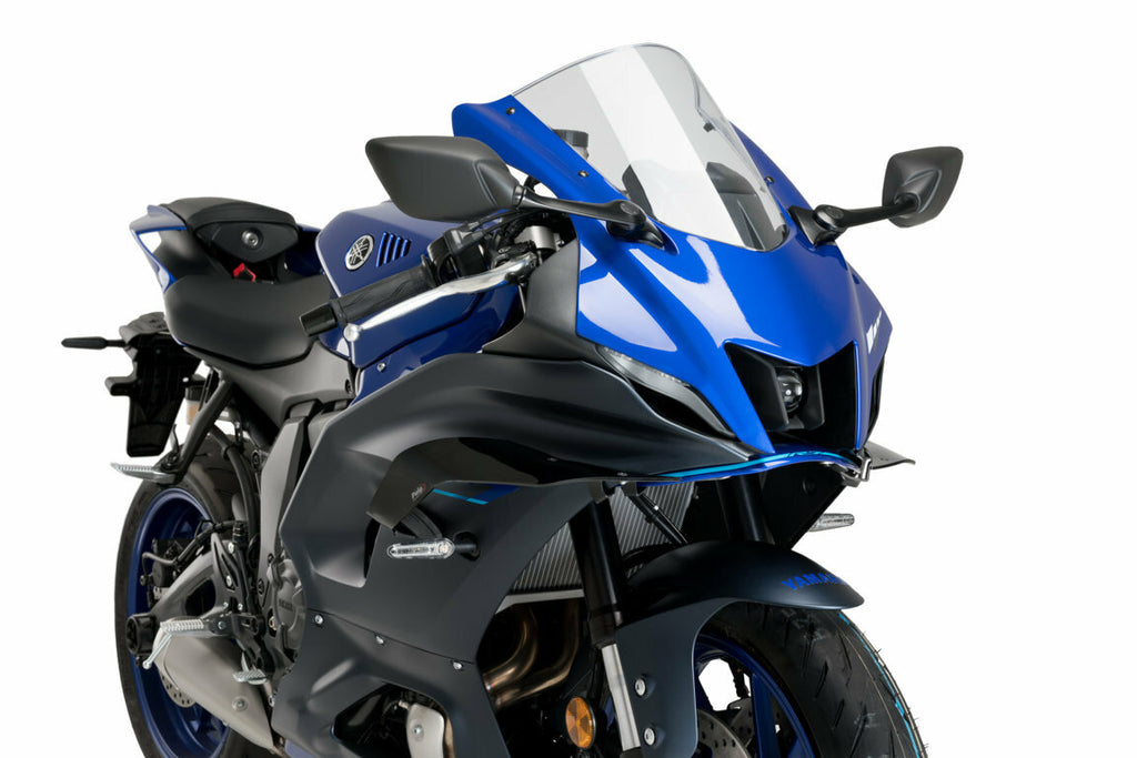 Black PUIG Race Side Spoilers for Yamaha motorcycle, showcasing aerodynamic body enhancements with sleek design and mounting details.
