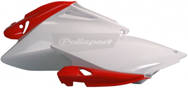 Polisport Plastics white and red side panels for body protection, model 64-6280, with visible branding and mounting points.