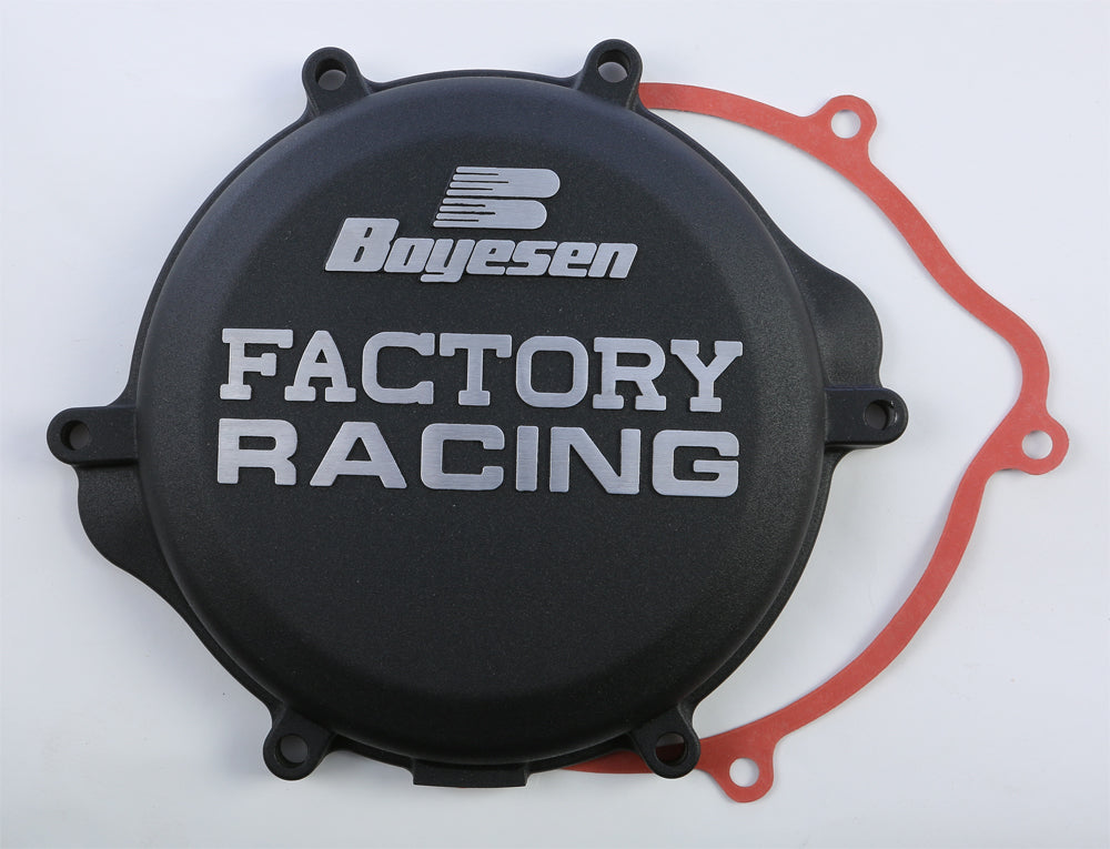 Boyesen Factory Racing Clutch Cover in black, designed for motorcycle engines, showing a sleek black finish with mounting details