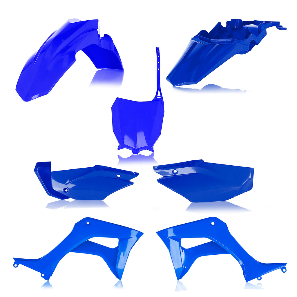 Acerbis full plastic kit in blue, including various plastic parts for motorcycle or dirt bike, with detailed component views